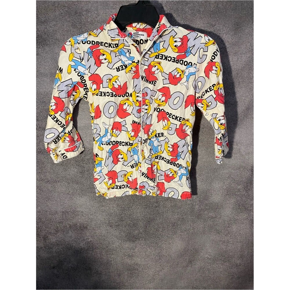 Vintage Woody Woodpecker Printed Button-Up Shirt - Red Yellow Blue on Cream SZ 7